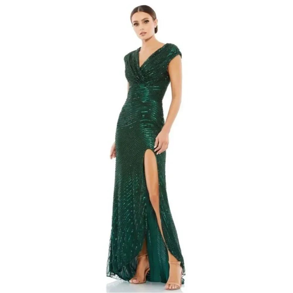 Mac Duggal Gown Dress Size 10 Cap Sleeve V Neck Sequined Beaded Green 5441 $598